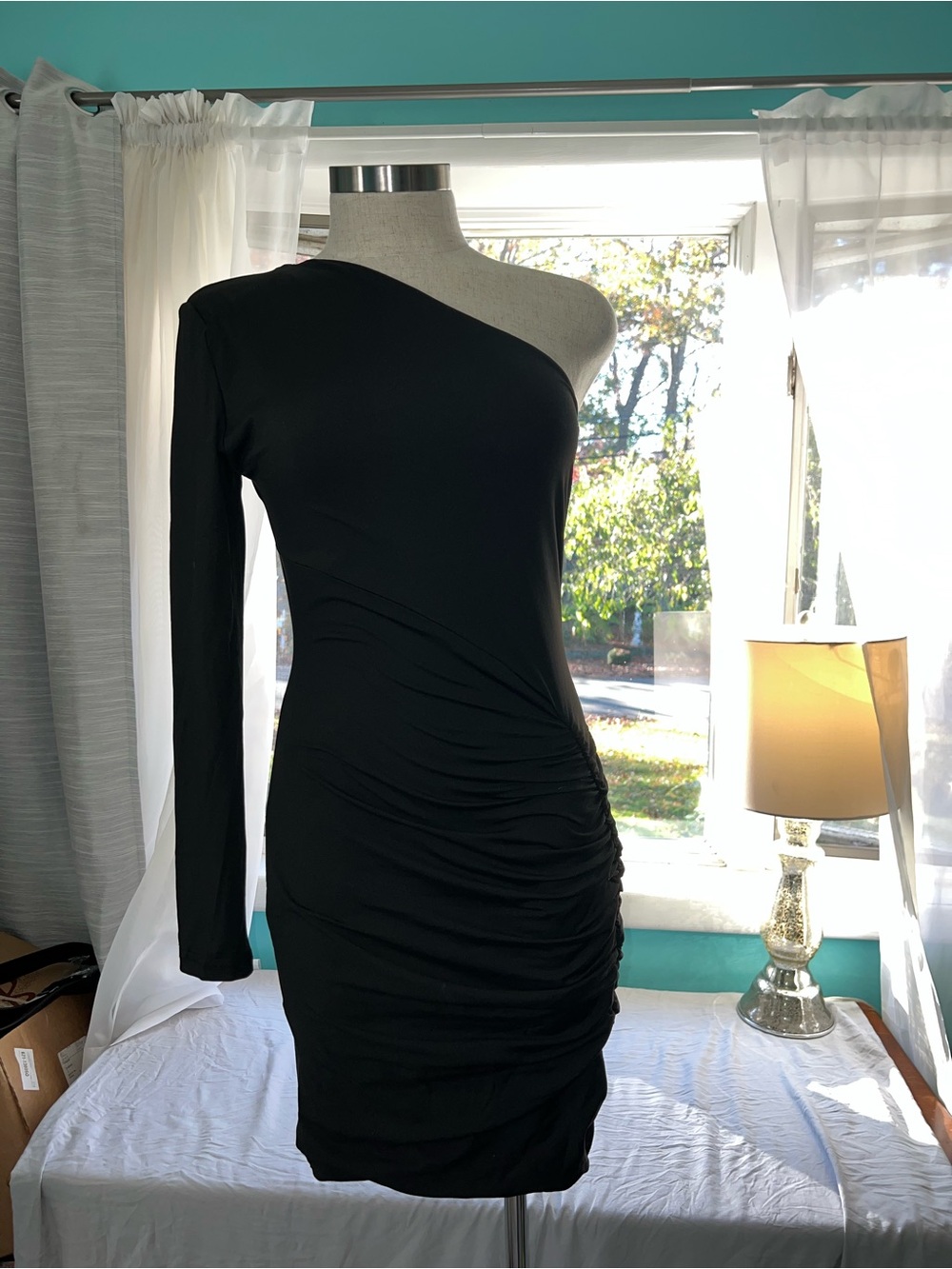 One-Shoulder Black Ruched Bodycon Dress